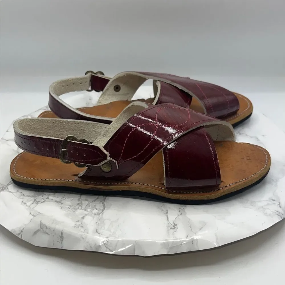 MEXICAN HANDCRAFTED Maroon Patent Leather Cruzado Huaraches Sandals-7